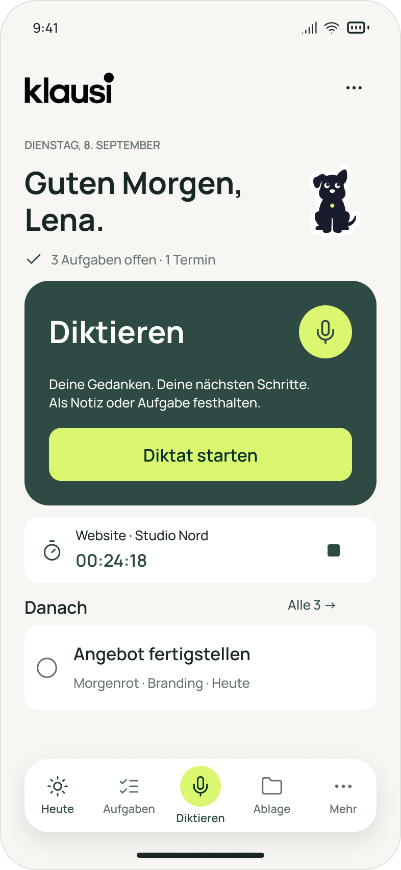Designvorschau der geplanten Klausi-iOS-App: Heute-Ansicht mit Tagesaufgaben, laufendem Timer und Diktat für Notizen oder Aufgaben.
